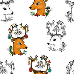 seamless pattern deer and Christmas animals. New Year. winter holidays. engraved hand drawn in old sketch and vintage style for postcards.