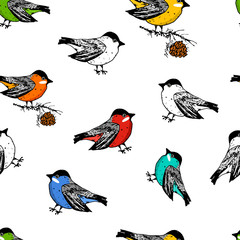 seamless pattern birds and Christmas animals. New Year bird cardinal or tit. winter holidays. engraved hand drawn in old sketch and vintage style for postcards.