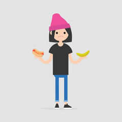 Fototapeta premium Healthy food or junk food: Young character deciding what to choose as a snack. Flat editable vector illustration, clip art
