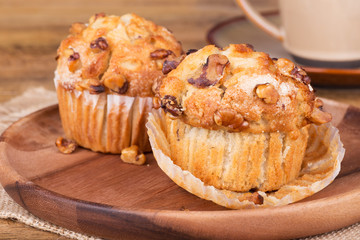 Banana Nut Muffins on a Wooden Plate