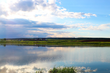 Fototapeta na wymiar lake and blue sky in Minusinsk bassin