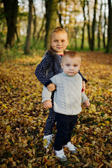Little girl with boy at majestic autumn fall forest. Sister with brother, love of childrens.