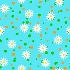Seamless blue background with white daisies and green peas