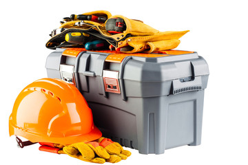 grey toolbox with orange helmet and yellow gloves