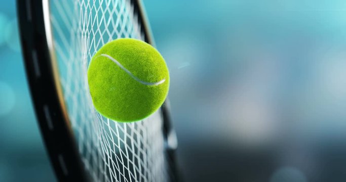 Great hit tennis, the racket hit the tennis ball, in a super slow-motion ultra detailed 3d animation