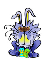 Easter Bunny with eggs and drawing on them. Vector cartoon illustration. Cute Bunny character for the holiday.