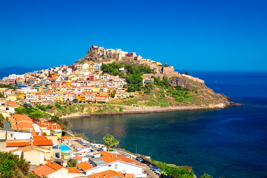 Castle and colorful houses in Castelsardo town, Sardinia, Italy.