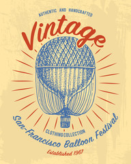 tee print air balloon or aerostat transport, t-shirt graphics, design with Animal. Vector grunge background. vintage lettering and poster, print or banner. america typography. engraved hand drawn.