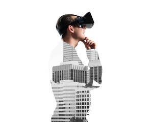 Guy wearing checked shirt and virtual mask with hand on chin