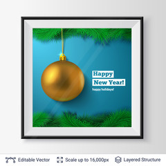 Golden decorative toy ball and fir tree border.
