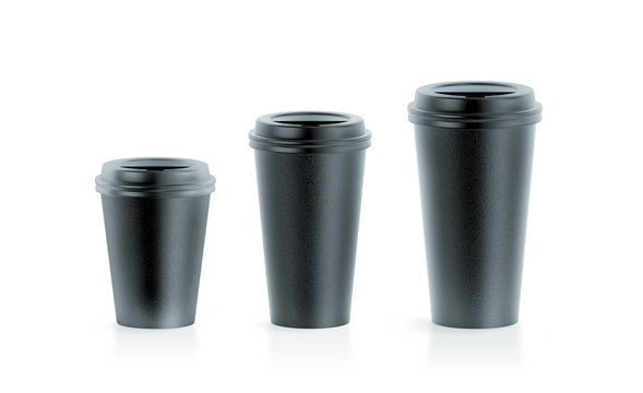 Blank black disposable paper cup mock ups with lids, large, medium and smal, 3d rendering. Empty polystyrene coffee drinking mug mockup front view. Clear plain tea take away plastic package