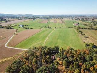 Aerial of Farmland in Dover, Pennsylvania just south of Harrisburg during Fall