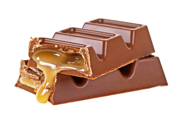 Chocolate bar with caramel isolated on white background