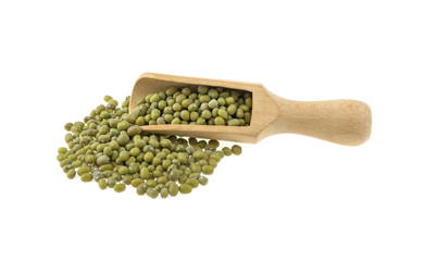 lentils green on a wooden spoon isolated on a white background