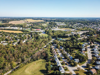 Aerial of New Freedom and surrounding Farmland in Southern Pennsylvania during Fall