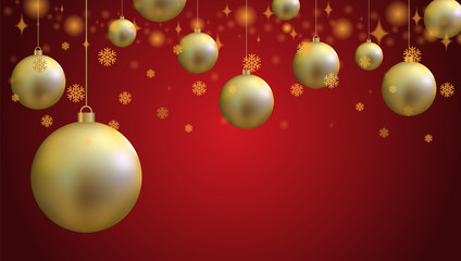 Gold christmas ball and gold glitter snowflake on red background, vector illustration
