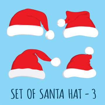 Santa hat set on blue background. Vector Santa red hat. Flat vector illustration Santa hat. Red Santa hat isolated on blue.