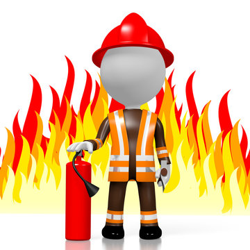 3D fireman with extinguisher, flames in background