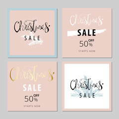 Set of Abstract Hand Drawn Universal Christmas Sale Brush Cards with Lettering and pine twigs. Pastel and gold. Vector graphic background
