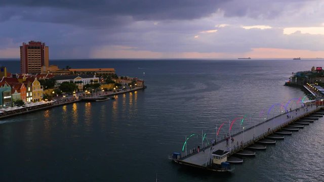 Willemstad, Curacao, Pontoon bridge opens at night
