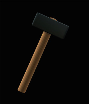 Sledgehammer - heavy hammer with large metal head - upright standing basic hand tool with wooden handle - isolated vector illustration on black background.