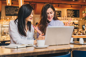 Two young businesswomen,bloggers, wearing in shirts are sitting in cafe at table and using laptop, working, studying.Girls look at monitor in amazement,delightedly,joyfully.Online marketing,education.