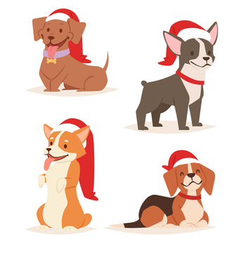 Christmas dog vector cute cartoon puppy characters illustration home pets doggy different Xmas celebrate poses in Santa Red Hat