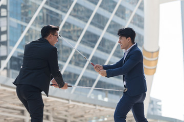 angry and displeased businessman in hand holding golf equipment in the city building office background.