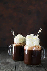 Hot chocolate in a glass.