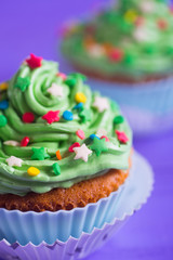 Closeup Christmas cupcake creamy green top with colorful stars and sprinkles on purple background