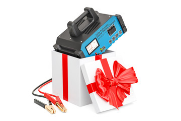 Battery charger inside gift box, gift concept. 3D rendering