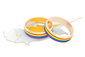 Cyprus map with LGBT rainbow rings, 3D rendering