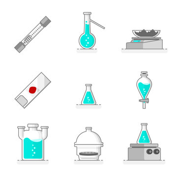 Scientific set of laboratory glassware, materials and tools. Flat line design concept. Vector illustration.