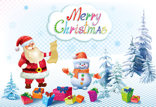 Santa Claus and snowman with gifts