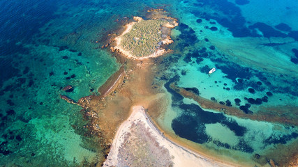 Fototapeta premium Autumn 2017: Aerial bird's eye view photo taken by drone depicting beautiful deep blue - turquoise waters and rocky seascape