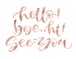 Hello Bye Hi See you Inspirational quote expressive handwritten golden rose trendy color, isolated on white background. Vector calligraphy art.