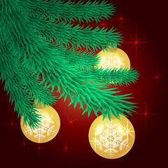 Christmas tree branch with gold balls. Christmas and New year vector illustration.