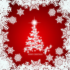 Abstract background with white christmas tree , snowflakes and stars. Illustration in red and white colors. Vector illustration.