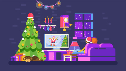 Christmas evening home interior, lovers sit on couch watch TV with Santa Claus in New Year Eve festive night