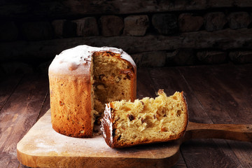 Classic panettone with dried fruit ,traditional Italian Christmas cake