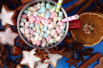 Fototapeta na wymiar Enamel cup of hot cocoa with marshmallows and candy canes. Could also be coffee. Perfect winter time treat.