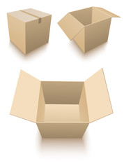 Three cardboard boxes standing on the floor with a shadow