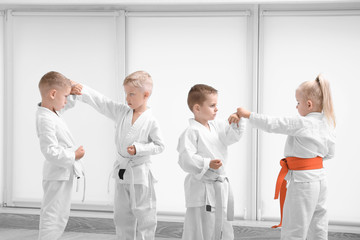Fototapeta premium Little children practicing karate in dojo