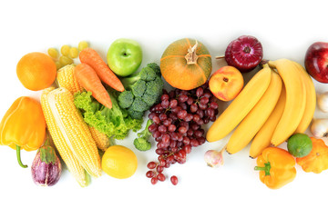 Composition of different fruits and vegetables on white background