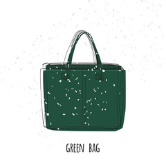 Green vector handbag. Hand drawn bag with confetti.