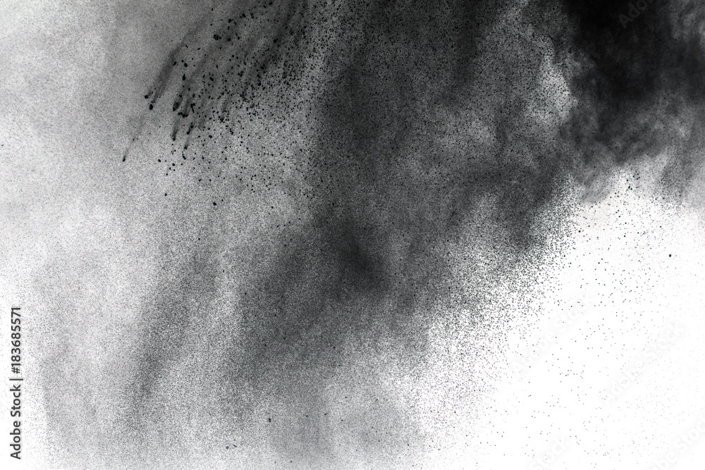 Wall mural black powder explosion against white background.the particles of charcoal splatted on white backgrou