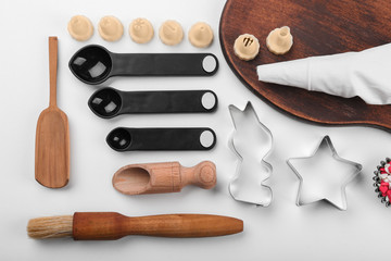Set of kitchenware for cooking pastries on white background