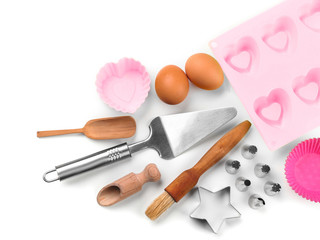 Set of kitchenware for cooking pastries on white background