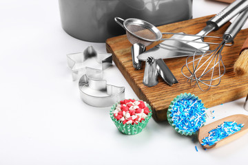 Set of kitchenware for cooking pastries on white background