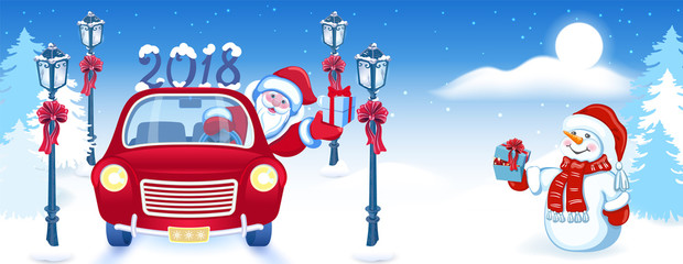 Christmas card with Santa Claus in red car with gift box and Snowman against winter forest background